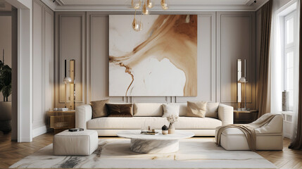 Modern living room with marble walls and wooden floor. Generative ai illustration