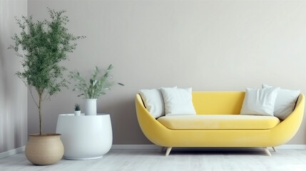 Fototapeta na wymiar Modern and minimalist living room with white and yellow sofa and plants. Generative ai illustration mock-up
