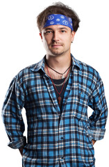 Young man friendly smiling arms crossed wear white office shirt on background