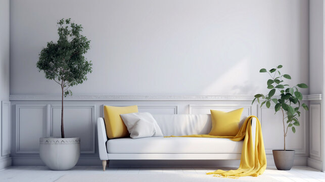 Modern and minimalist living room with white and yellow sofa and plants. Generative ai illustration mock-up