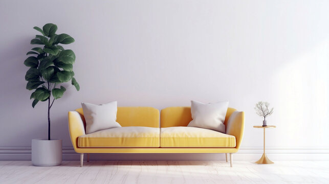 Modern and minimalist living room with white and yellow sofa and plants. Generative ai illustration mock-up