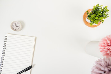 white office desk table Top view with copy space. Flat lay.