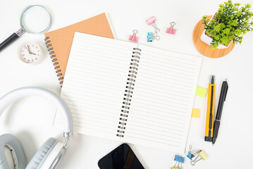 white office desk table Top view with copy space. Flat lay.