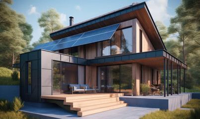 a modern house that has its own solar panels on the roof, generative AI