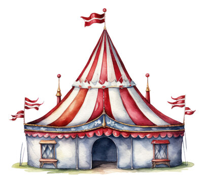 Watercolor circus tent with flags isolated. Generative AI.