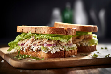 Two white bread tuna sandwiches with lettuce and onions are served on a wooden board. (Generative AI)