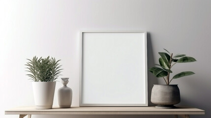 Empty blank picture frame mockup on the table with plants. Generative ai interior concept
