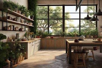 Fototapeta na wymiar A kitchen with a large window and a wooden table with plants, generative ai illustration