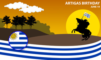silhouette of a soldier on horse holding Uruguayan flag with sunset and Uruguayan background frame to commemorate Artigas Birthday celebrated on June 19th
