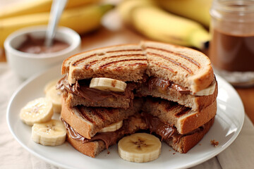 A close-up view of a whole-wheat bread Nutella sandwich with slices of banana. (Generative AI)