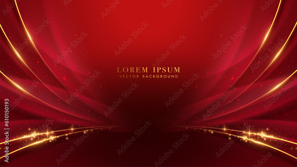 Wall mural golden lines with curve light and glitter light effects element decoration on red background. luxury