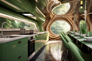 Interior of a modern and futuristic kitchen with green plants. Generative ai illustration