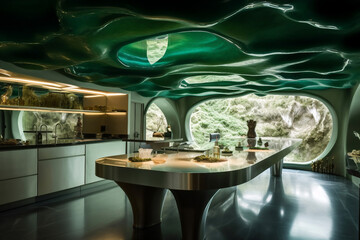 Modern and futuristic kitchen with green plants. Generative ai illustration