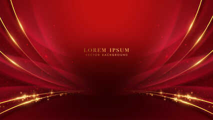 Golden lines with curve light and glitter light effects element decoration on red background. Luxury style vector design