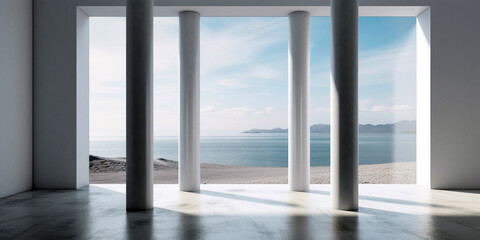 Fototapeta na wymiar Empty room with sea view and open windows. Generative ai illustration
