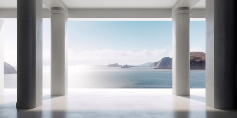 Empty room with sea view and huge windows. Generative ai illustration
