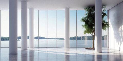 Fototapeta premium Empty room with beautiful sea view and open windows. Generative ai illustration