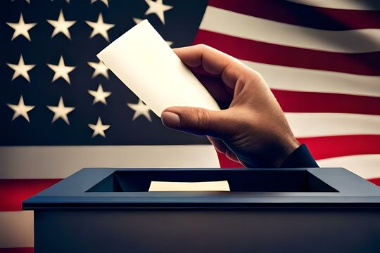 hand inserting paper into ballot box with united states flag in background. ai generative