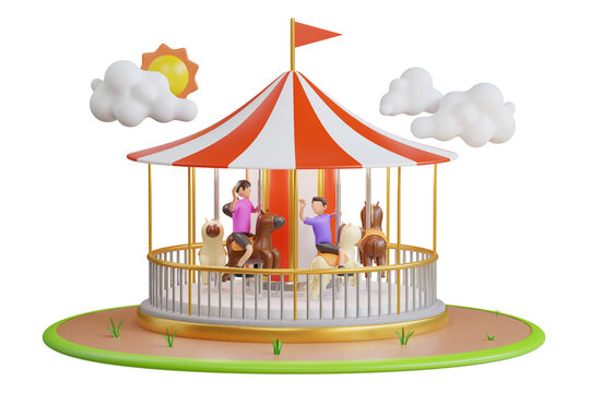 Carousel with horses or merry-go-round for children. sitting on carousel horse. 3d illustration
