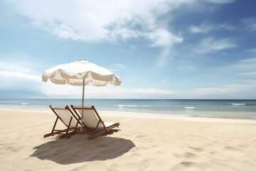two white chair and umbrella in beach ai generative