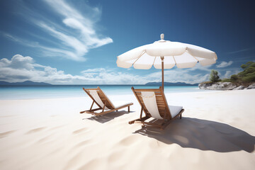 two chair and umbrella in white sand beach and blue background ai generative
