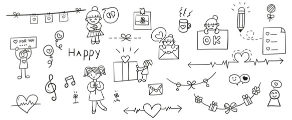 Hand drawn line doodles vector design elements set of bow, bell, gift box, heart, balloon, love letter, girl. Love concept illustration.