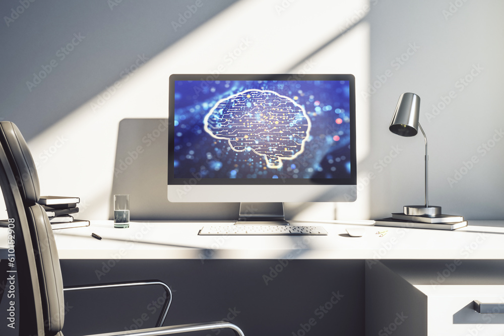 Aufkleber modern computer display with creative human brain microcircuit. future technology and ai concept. 3d