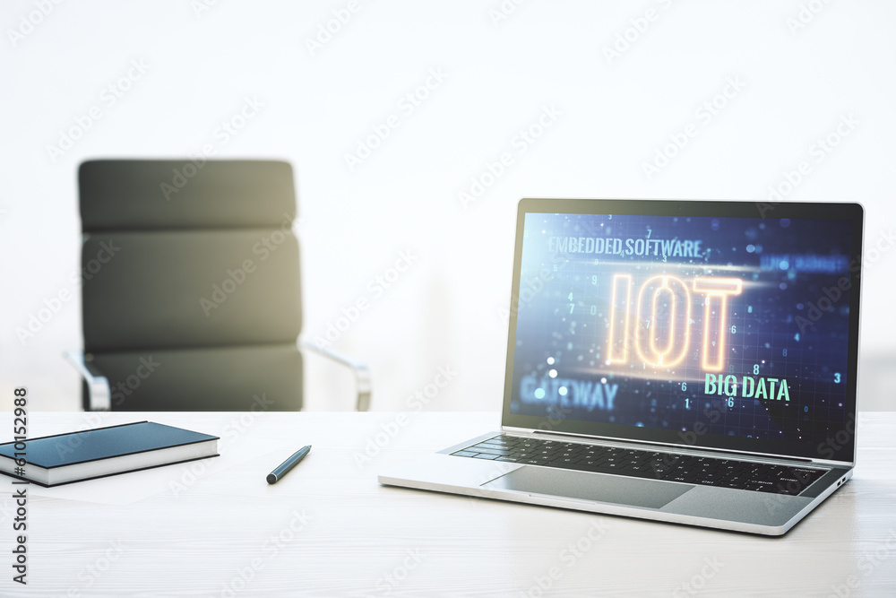 Poster Creative IOT hologram on modern laptop monitor, internet of things concept. 3D Rendering