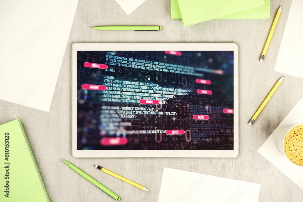 Leinwandbilder top view of modern digital tablet screen with abstract creative programming illustration, big data a
