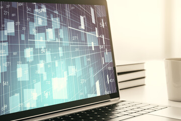 Computer monitor with abstract creative analytics data spreadsheet, analytics and analysis concept. 3D Rendering