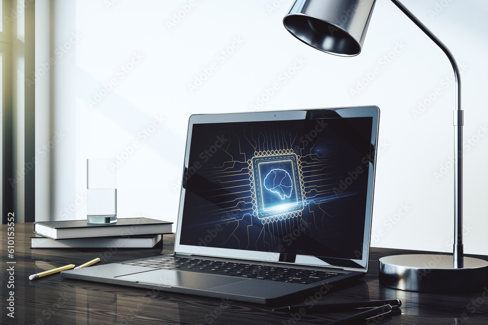 Poster modern computer monitor with creative artificial intelligence symbol. neural networks and machine le