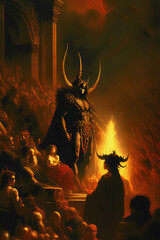 Horned Demon in the middle of a crowd of people. Unholy ceremony, dark fantasy - obrazy, fototapety, plakaty