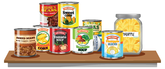 Canned food on table - obrazy, fototapety, plakaty