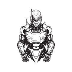future robotic soldier, vintage logo line art concept black and white color, hand drawn illustration © Artcuboy