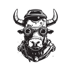 futuristic cow soldier, vintage logo line art concept black and white color, hand drawn illustration