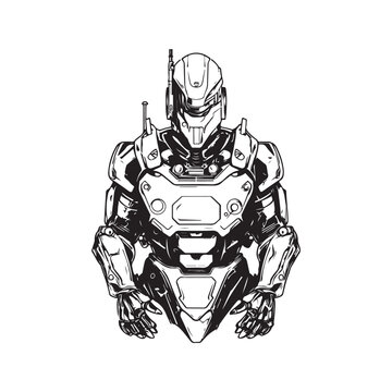 future robotic soldier, vintage logo line art concept black and white color, hand drawn illustration