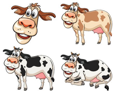 Set of funny cow cartoon character