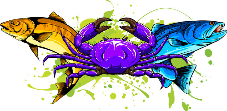 vector Salmon fish and crab. Hand drawn illustration.