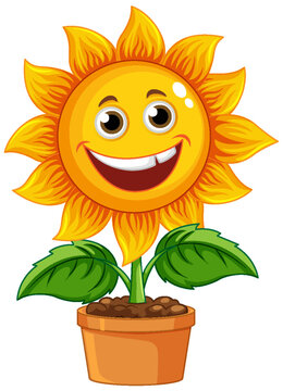 Sun flower cartoon in pot with smiley face