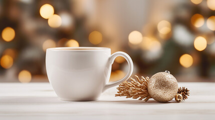 Obraz na płótnie Canvas White ceramic coffee cup and christmas decoration on woon table background. mockup for creative advertising text message or promotional content. Generative AI