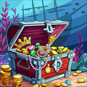 pirate ship with treasure chest under the sea