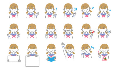 女子学生の１日表情いイラストセット１