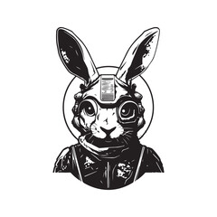 futuristic rabbit soldier, vintage logo line art concept black and white color, hand drawn illustration