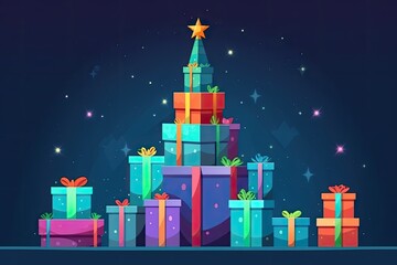 Christmas tree with colorful presents stacked on top Generative AI