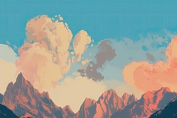 mountains with cloudy sky in a landscape painting Generative AI