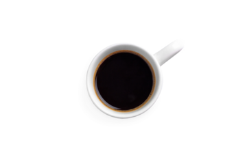 Cup of black coffee top view isolated transparent png or white background 