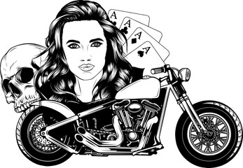head girl on motorcycle with skull and poker aces monochrome vintage illustration on white background. - 610156973
