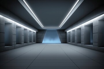 mysterious long hallway with a glowing light at the end Generative AI
