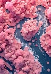 Obraz premium the sakura blossoms, in a pink flower, are blooming around a lake, in the style of gigantic scale, intricately mapped worlds. generative ai
