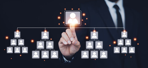 Business team management concept, Businessman touch  visual screen for organization group of employee manage manpower to success in business strategy. Leader project team management,HR human resource